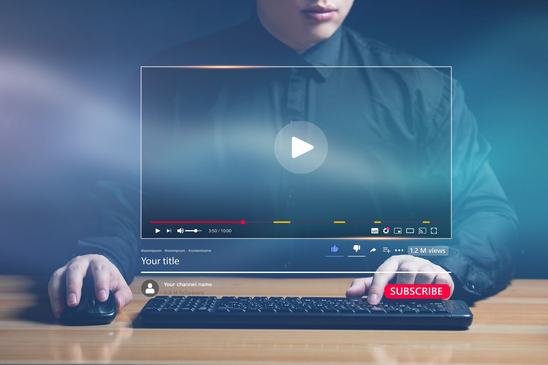 Men browse virtual window list of videos uploaded online. Modern multimedia technology concept.